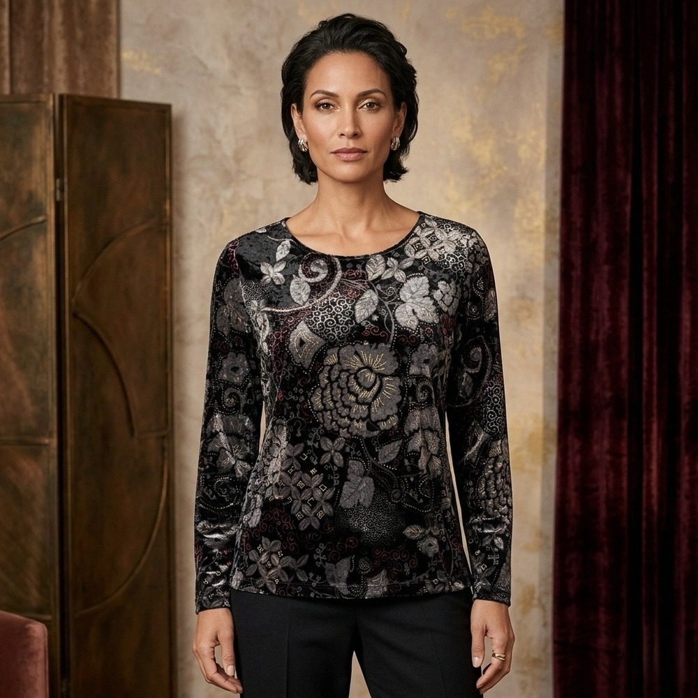 Chico's Top Women's Size 3 Paisley Velvet Long Sleeve Velour Burnout Bewitched